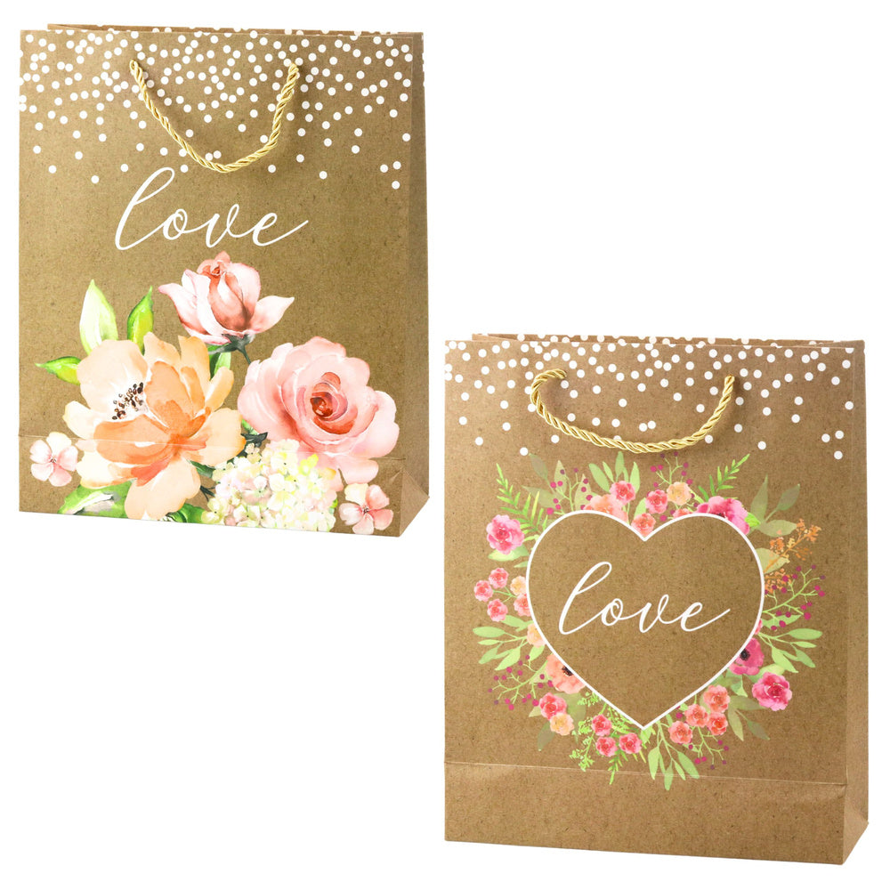 LEAN Geschenktüte Love Aufschrift Blumen Glitzer 32 x 26 x 10 cm