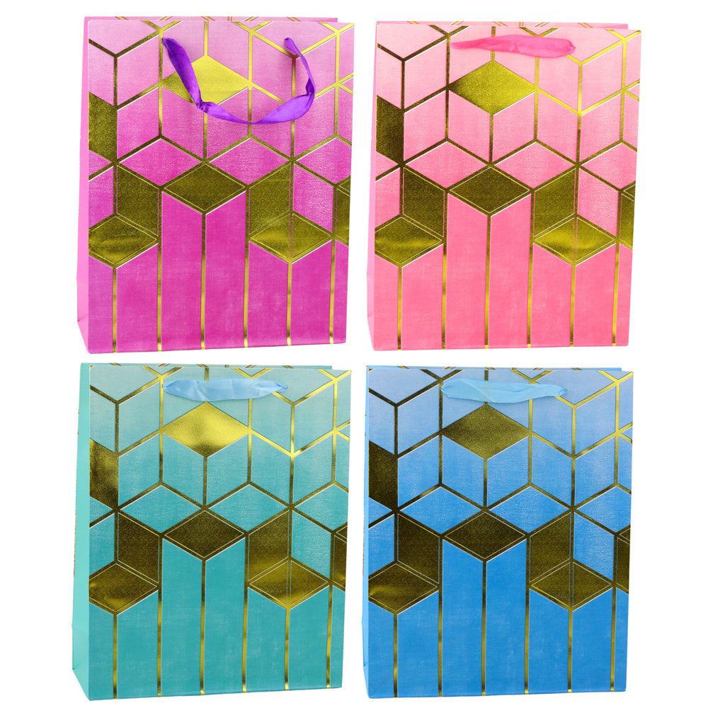 LEAN Geschenktüte aus Papier mit geometrischen Mustern, goldfarben, 32 x 26 x 12 cm