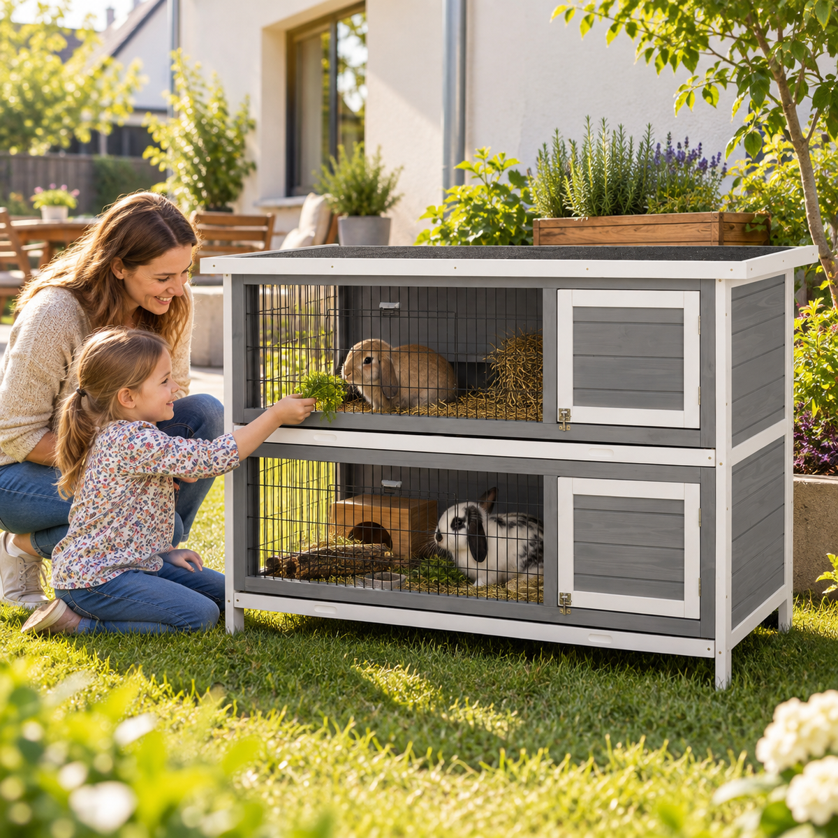 PawHut Kleintierstall für Meerschweinchen und Zwergkaninchen, doppelstöckig, Holz, Grau – Produktabbildung 2
