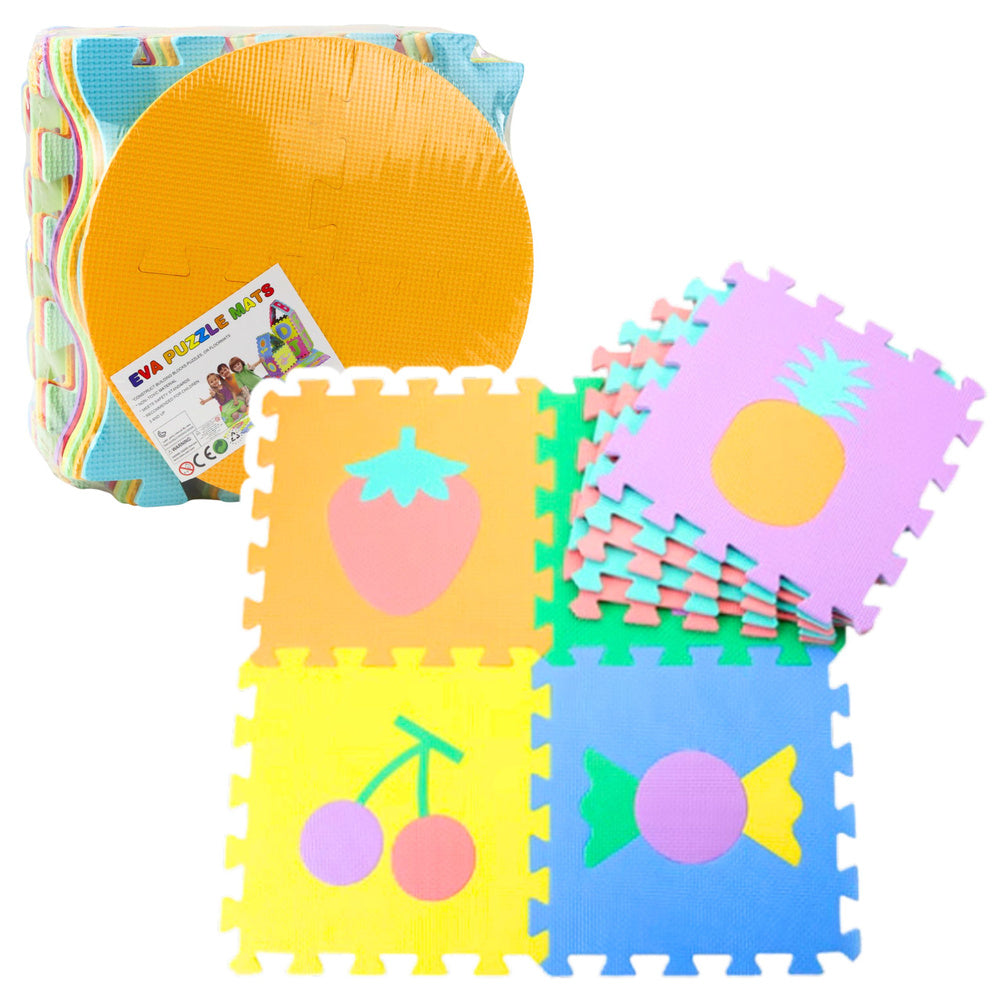 LEAN Toys Weiche Puzzlematte, pädagogischer EVA-Schaum, Früchte, Süßigkeiten, bunt, 16-tlg