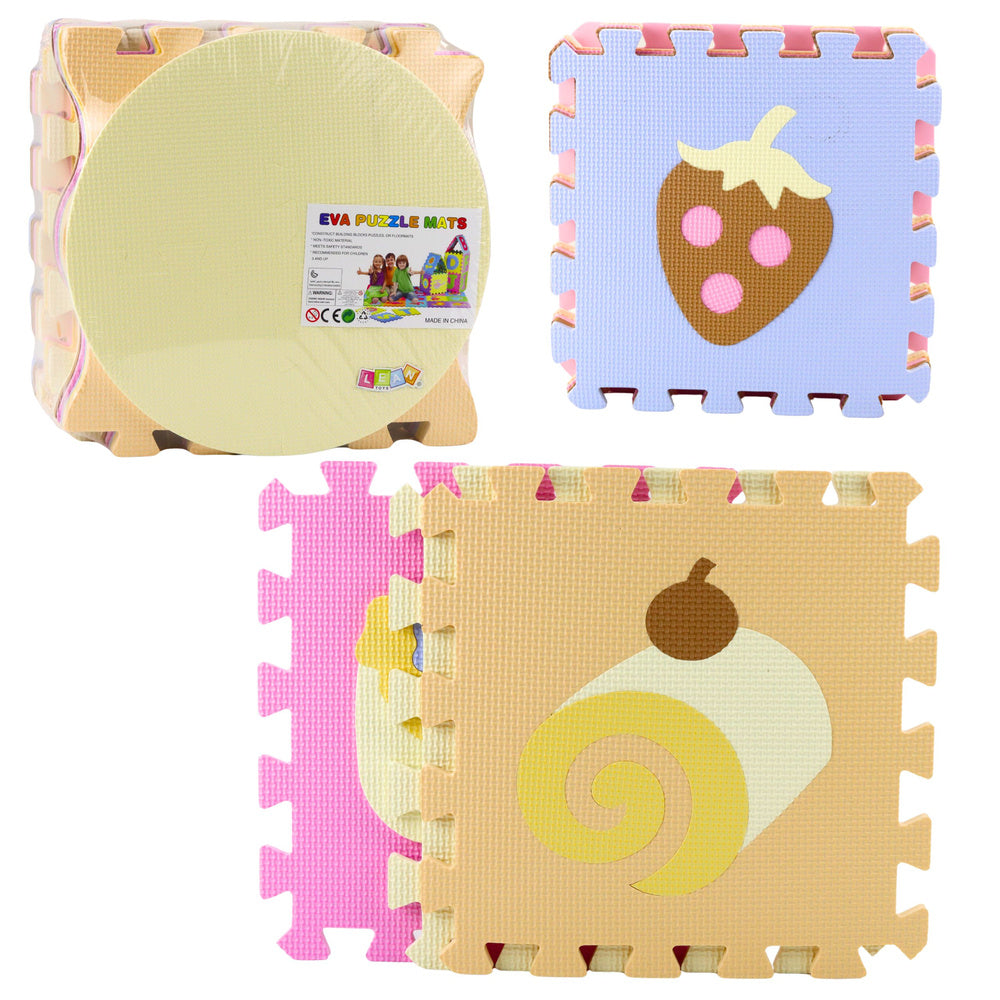 LEAN Toys Weiche Puzzle-Lernmatte EVA-Schaum, Früchte, Süßigkeiten, Pastell, 16-tlg