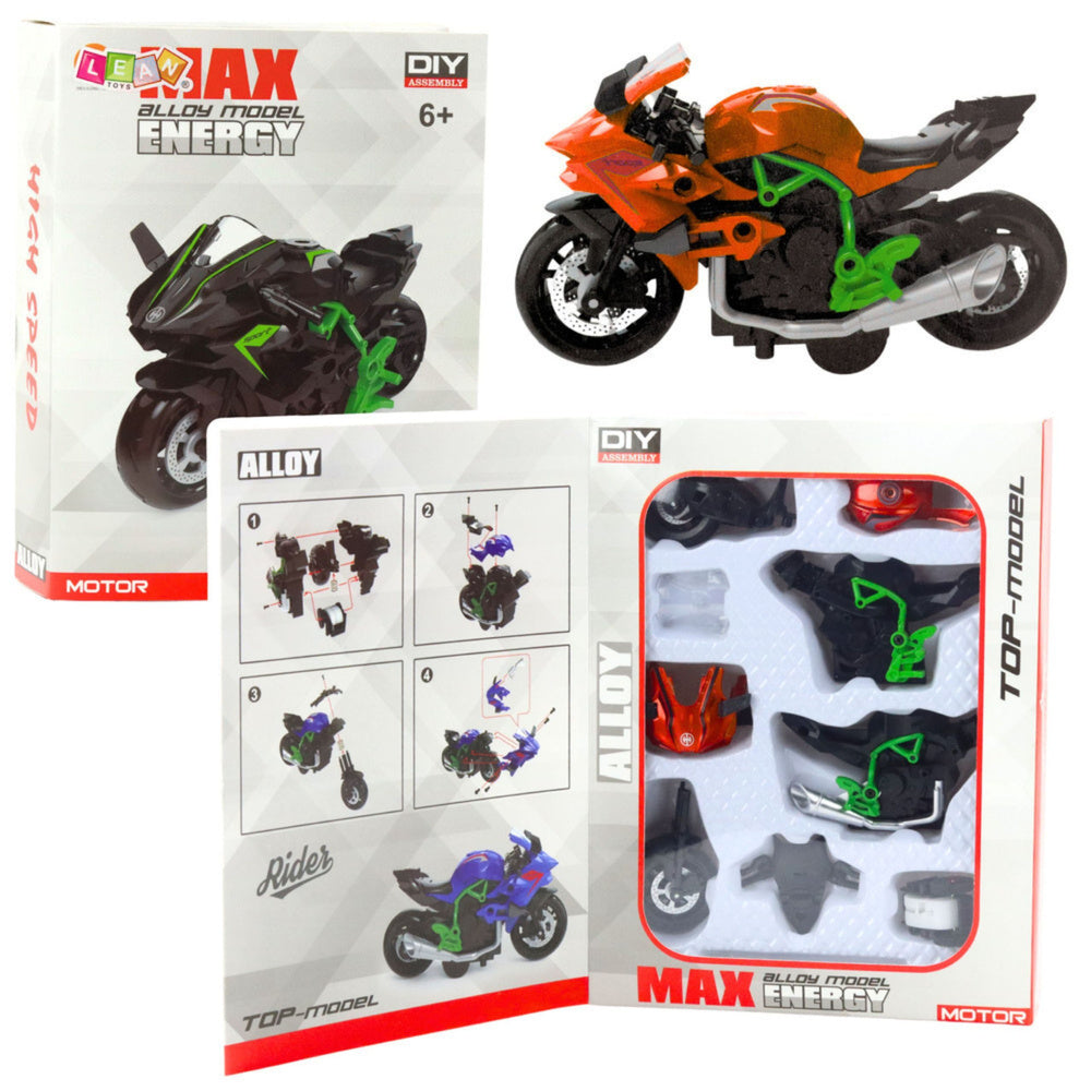LEAN Toys Motorrad zum Zusammenbauen, Schrauben, Metall, 1:14, DIY, Orange-Grün