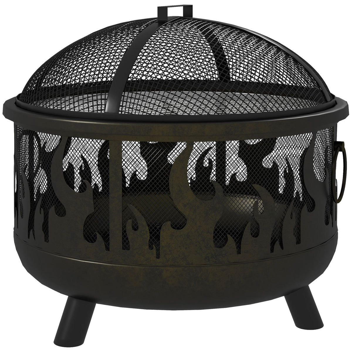 Outsunny Feuerschale Feuerstelle, inkl. Funkenschutz, 1 Schürhaken, Ø61,5 cm x 52 cm, Schwarz