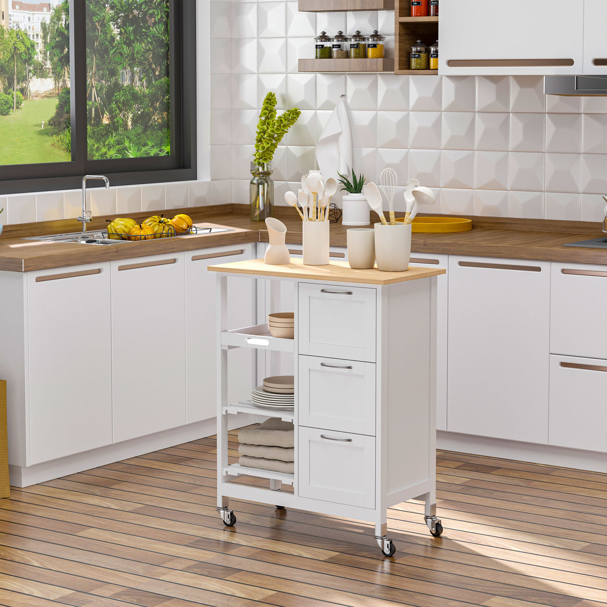 HOMCOM Küchenwagen im Landhausstil Kücheninsel Küchentrolley mit 3 Schubladen, Weiß – Produktabbildung 2