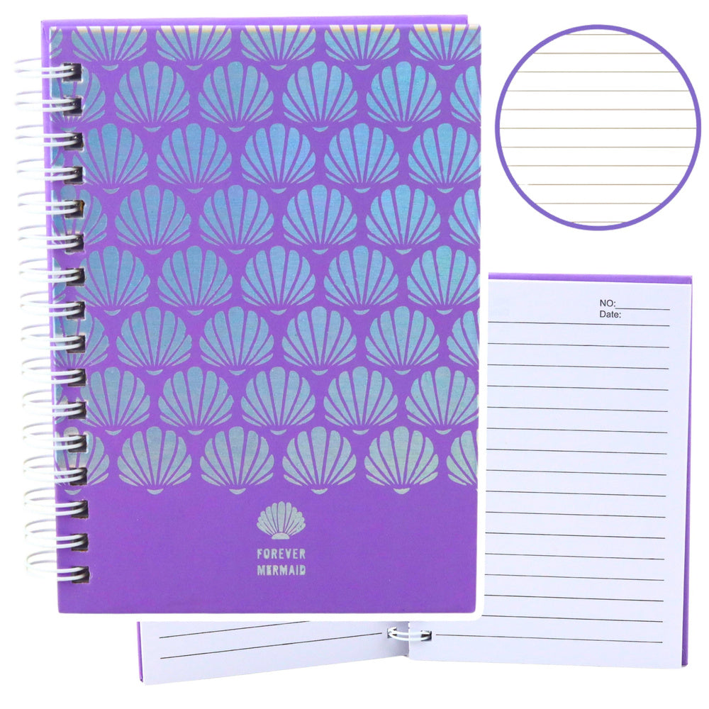 LEAN Liniertes Notizbuch mit holografischen Muscheln, Lila, A6, 80 Blatt