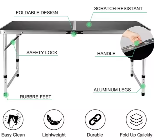 LEAN Klappbarer Campingtisch Verstellbar Aluminium Schwarz 120x60cm – Produktabbildung 6