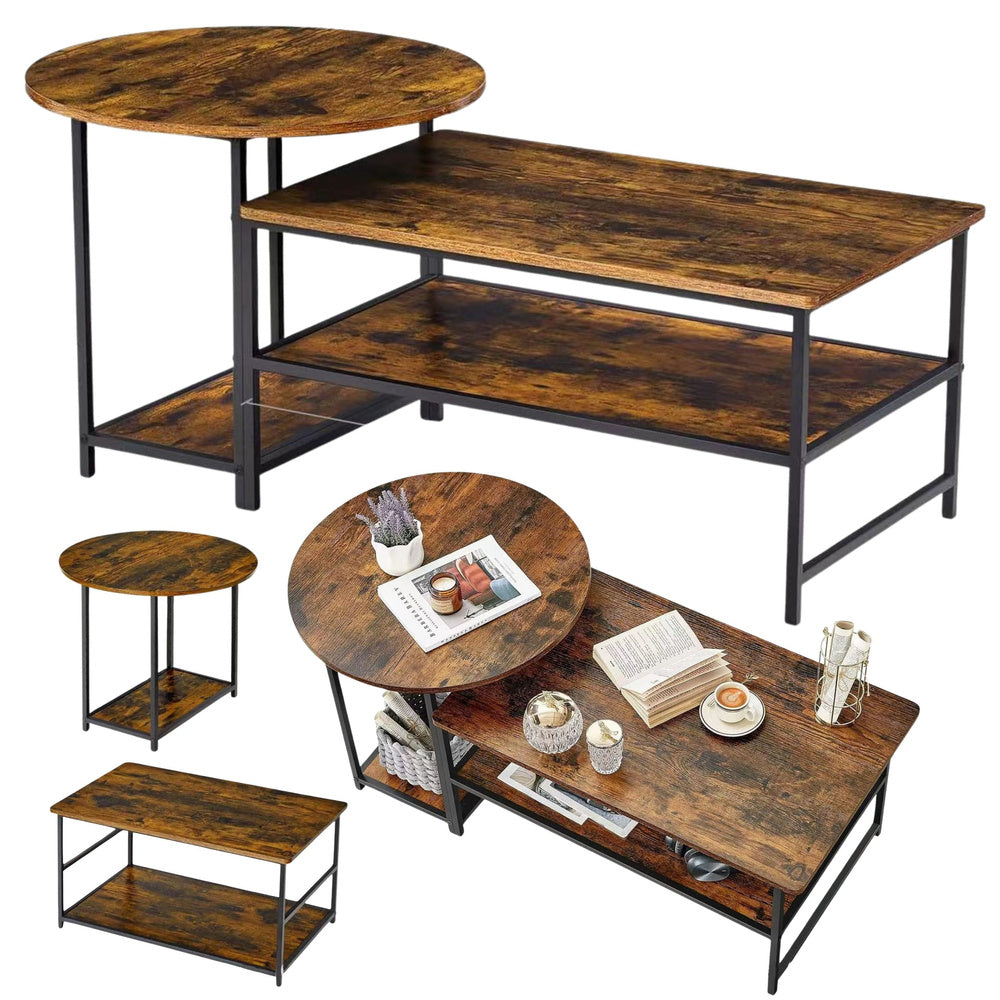 LEAN 2-in-1 Vintage Rustikales Holz Couchtisch-Set 123x60x51cm