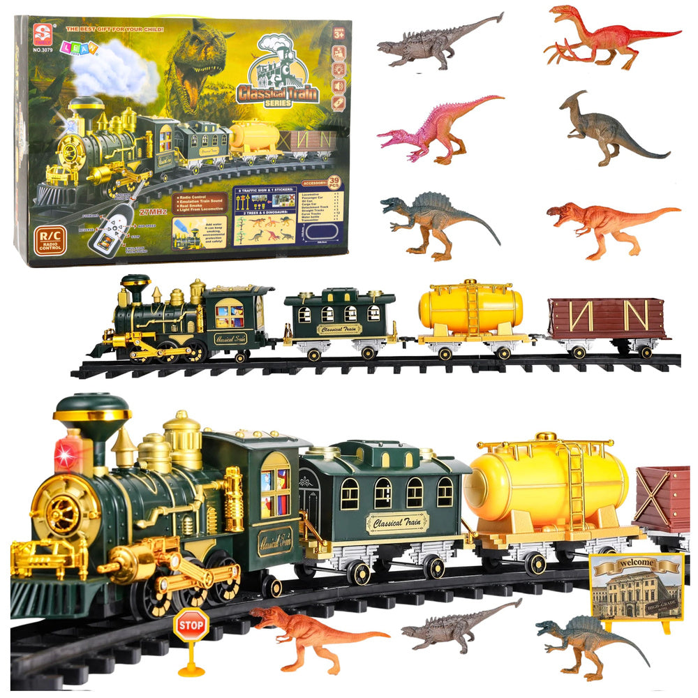 LEAN Toys Klassischer Zug mit Dinosauriern, Licht, Geräuschen und Rauch, 39-teilig