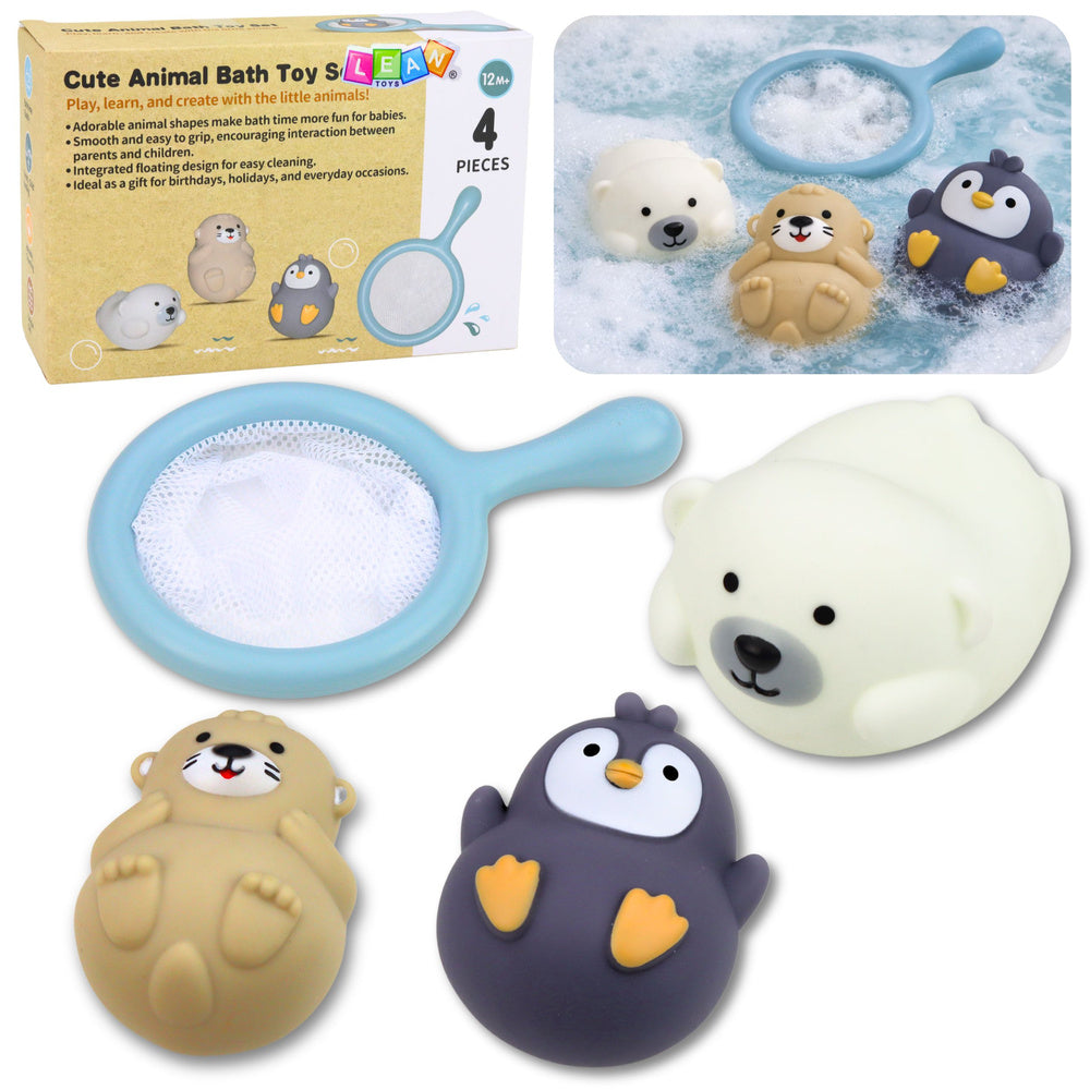 LEAN Toys Badespielzeug-Set Angel-Gummitiere Pastellfarben Sieb 4-teilig