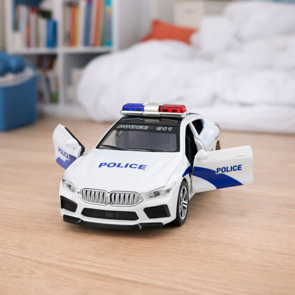 LEAN Toys Polizeiauto öffnet Türen, Blaulicht, Geräusche, Weiß – Produktabbildung 3