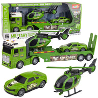 LEAN Toys Militärset: Militär-LKW, Abschleppwagen, Auto, Hubschrauber, Lichter, Sound