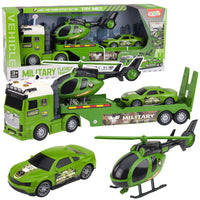 LEAN Toys Militärset: Militär-LKW, Abschleppwagen, Auto, Hubschrauber, Lichter, Sound