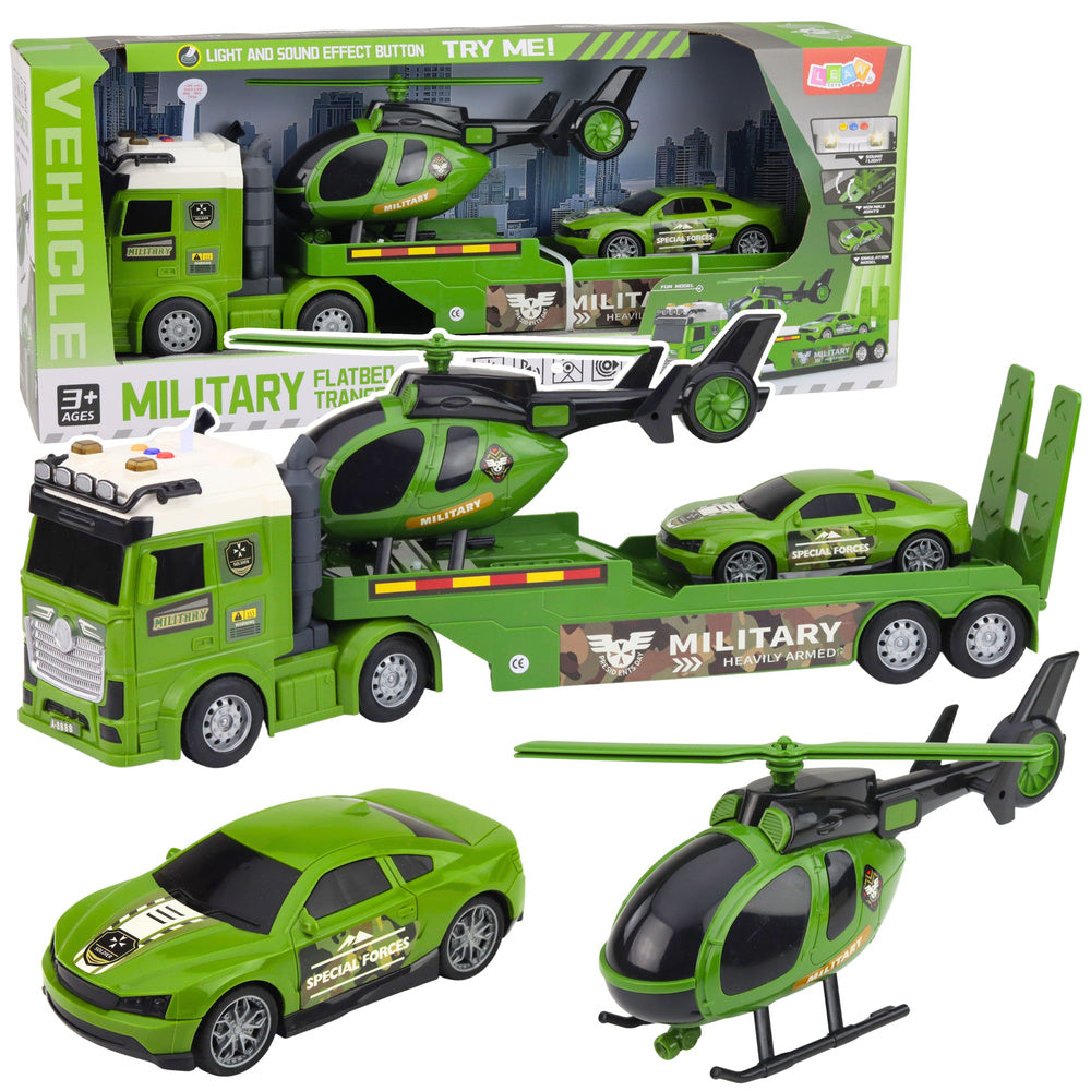 LEAN Toys Militärset: Militär-LKW, Abschleppwagen, Auto, Hubschrauber, Lichter, Sound