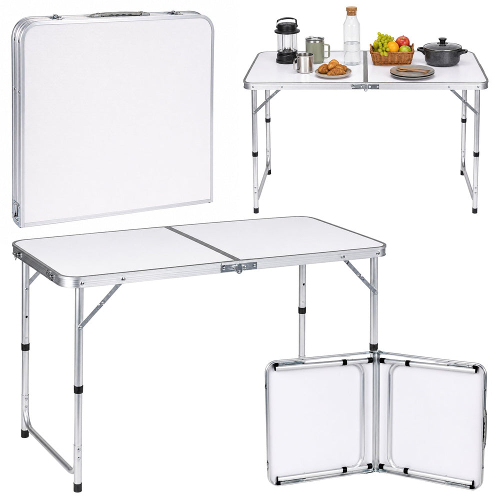 LEAN Klappbarer Campingtisch, höhenverstellbar, Koffer, weiß