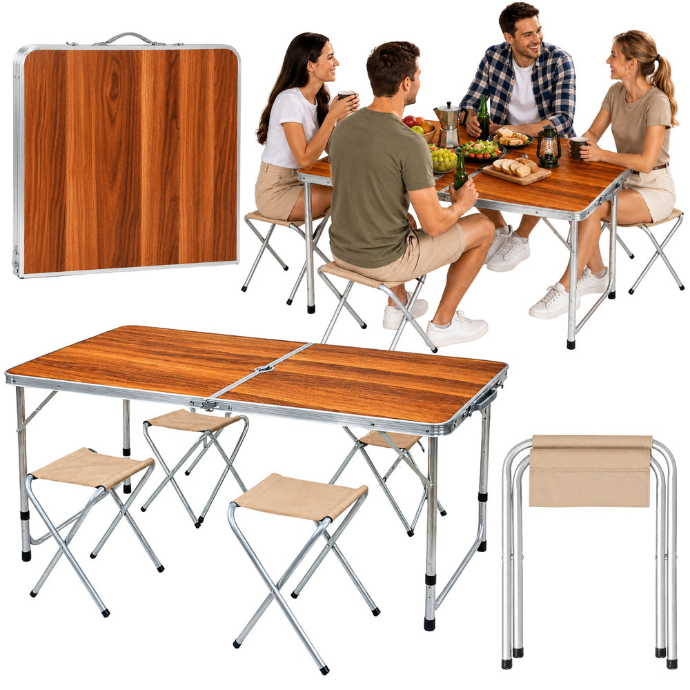 LEAN Campingmöbelset, Klapptisch, 4 Hocker, Holzkoffer