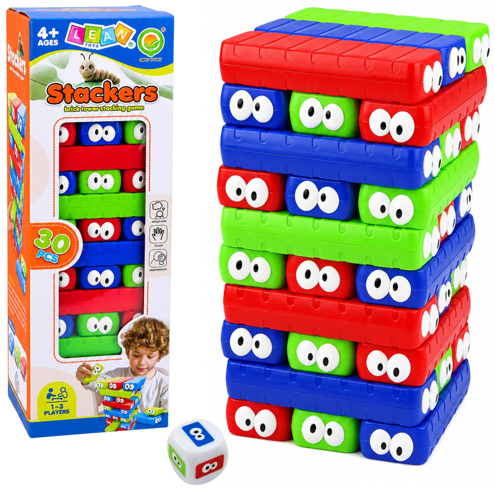 LEAN Toys Geschicklichkeitsspiel Turm aus Blöcken mit Ösenwürfeln, bunt, 30 Stück
