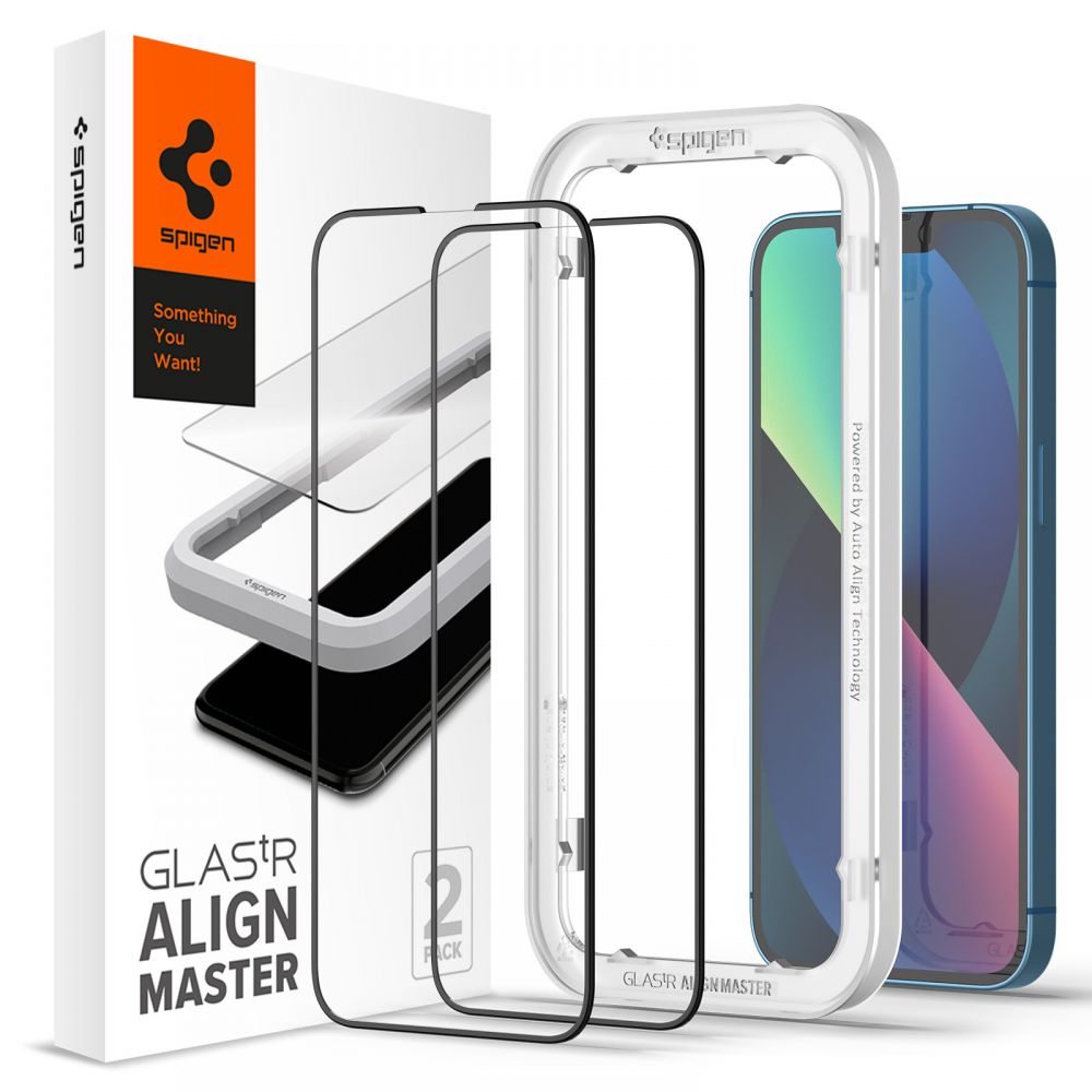 Spigen Alm Glass FC 2-Pack - gehärtetes Glas für iPhone 17e / 16e / 14 / 13 / 13 Pro 2 Stk. (schwarz Rahmen)