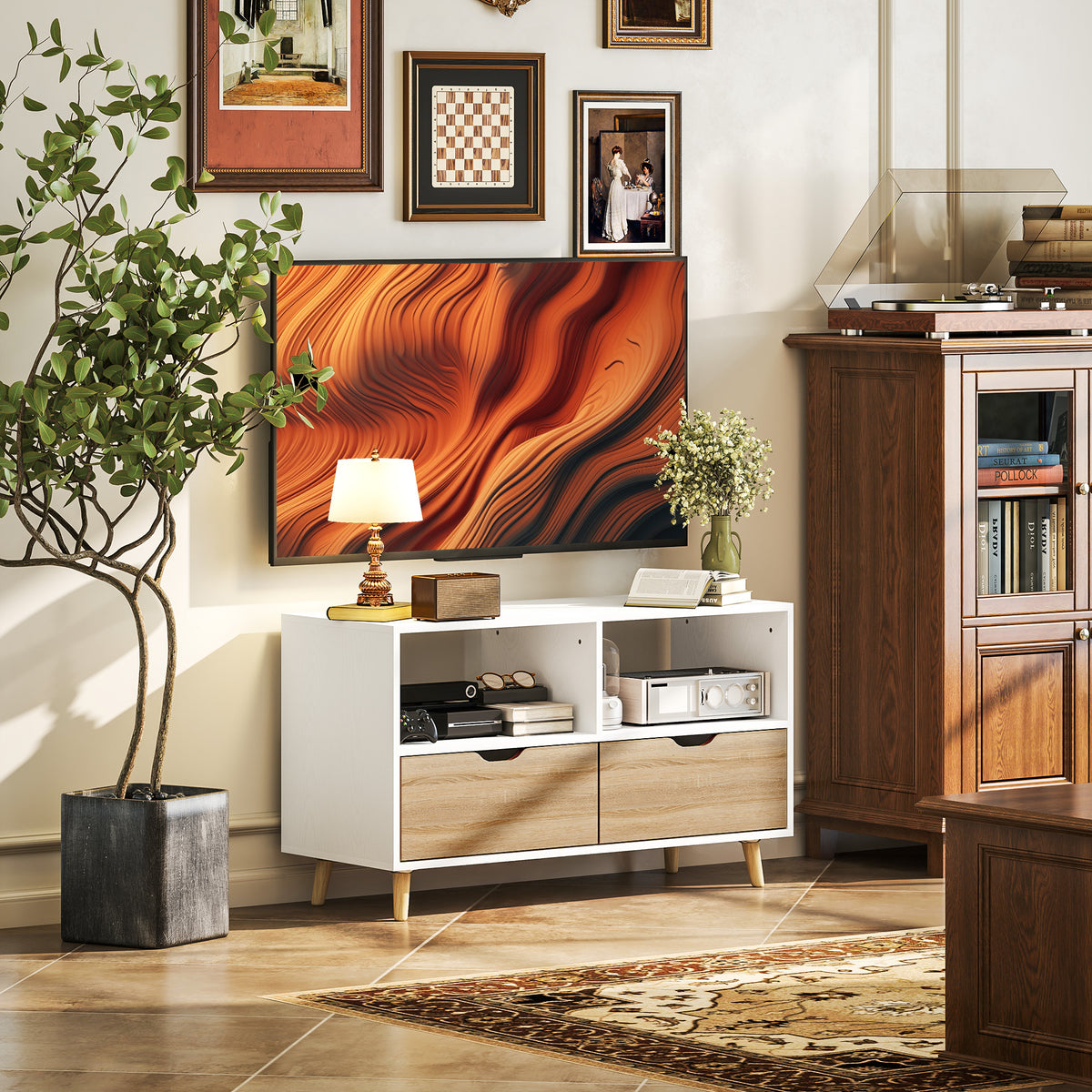 HOMCOM TV-Schrank, TV-Kommode mit Schubladen, Offene Regale, Holz, 99 x 39 x 58 cm, Weiß – Produktabbildung 2