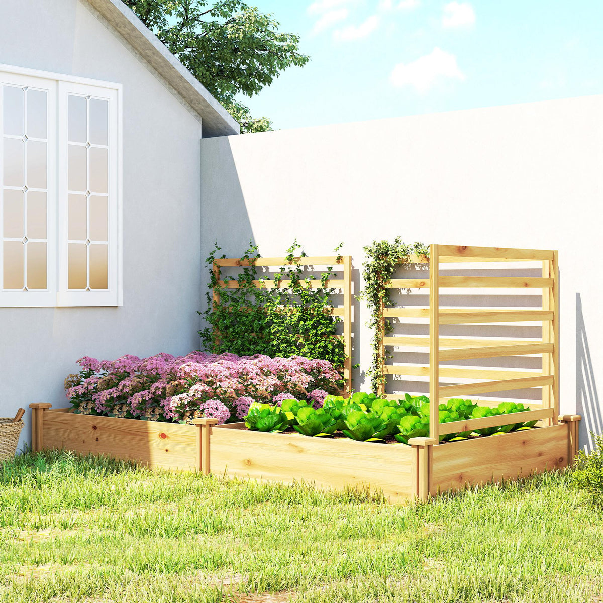 Outsunny Hochbeet mit Rankgitter Holz Blumenkasten mit 3 Spalier Trennwand Offenem Boden 240 x 125 x 102 – Produktabbildung 2