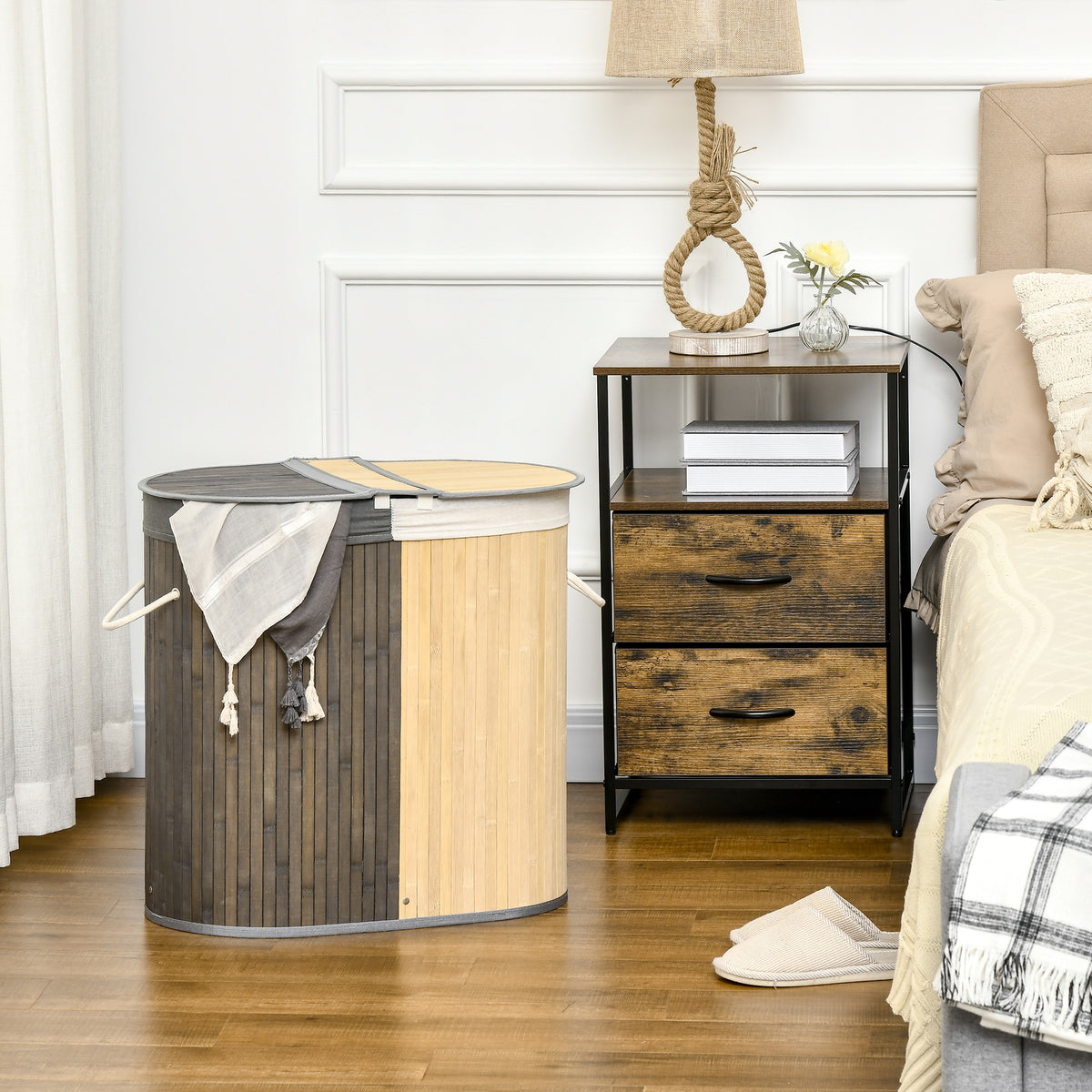 HOMCOM 100 L Wäschekorb mit Deckel, Griff, 2 Abschnitte, herausnehmbarer Wäschesack, für Schlafzimmer – Produktabbildung 2