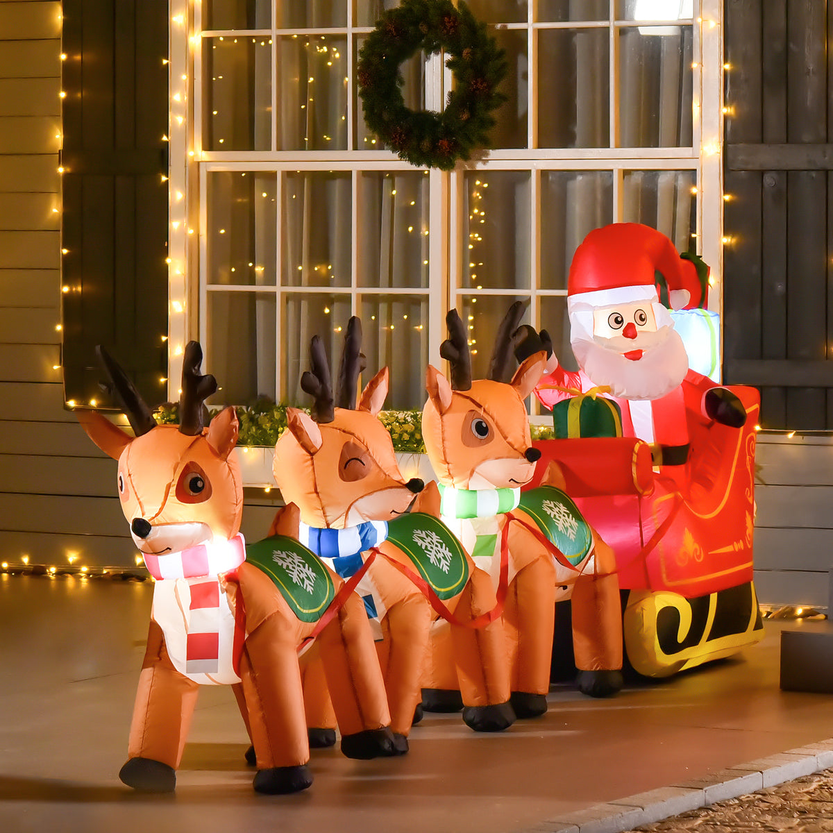 HOMCOM Aufblasbarer Weihnachtsmann Rentiere Outdoor-Weihnachtsdekoration, inkl. Gebläse, 140 m, Rot + Braun