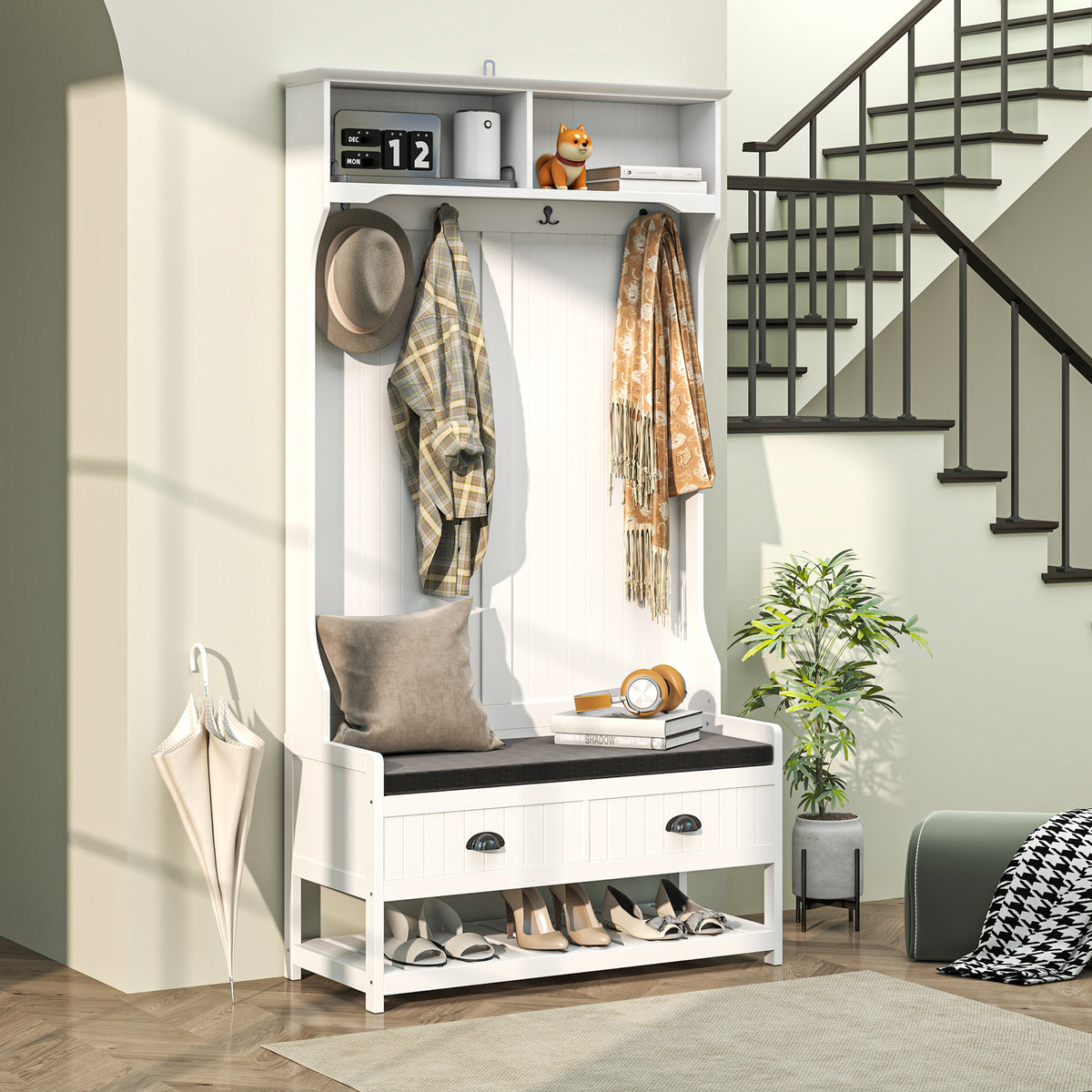 HOMCOM Garderobenständer mit Haken, Garderobe mit Schuhbank, für Eingangsbereich, Flur, Metall, MDF – Produktabbildung 2