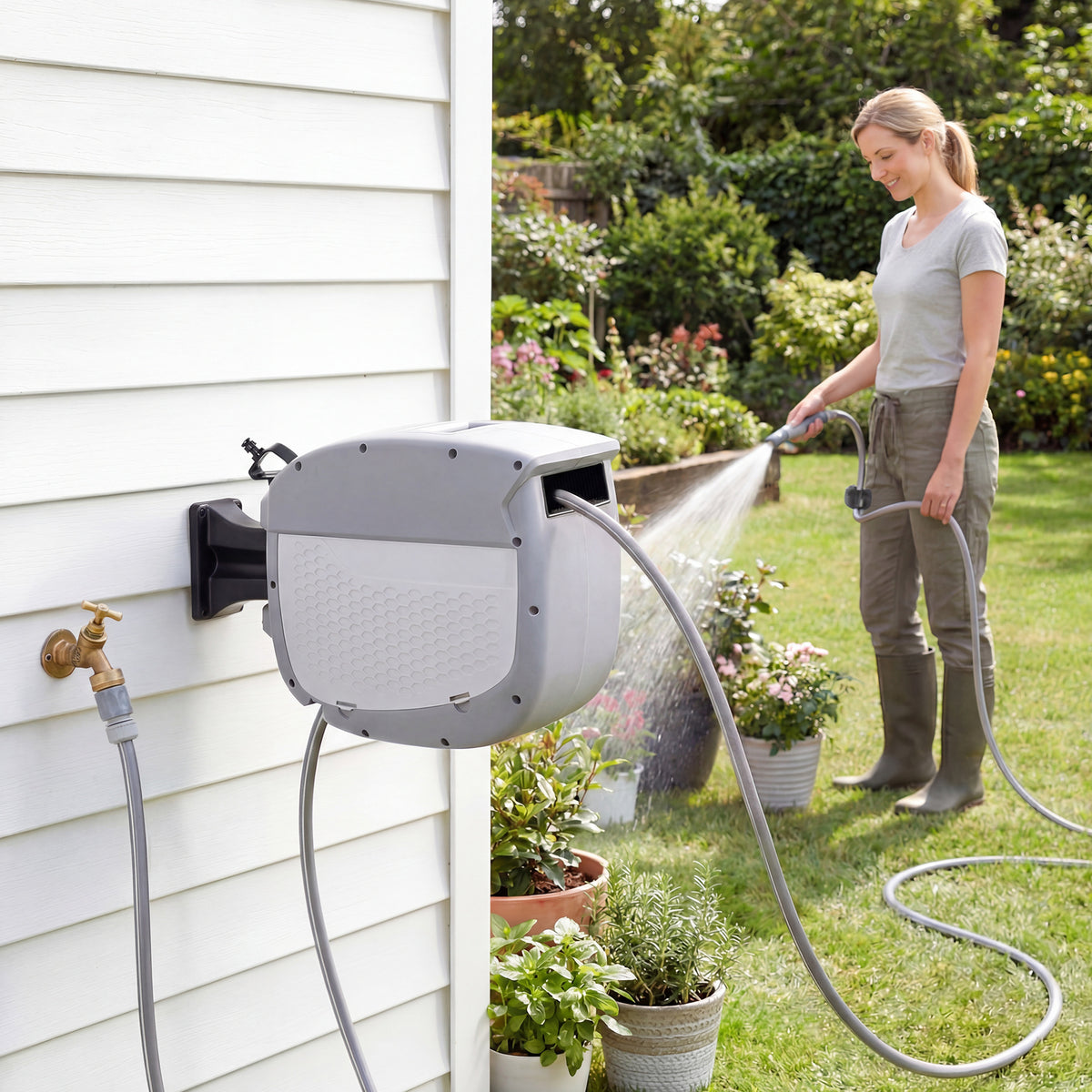 Outsunny Schlauchtrommel mit Gartenschlauch 20 m, 180° schwenkbar Schlauchbox mit automatische – Produktabbildung 2