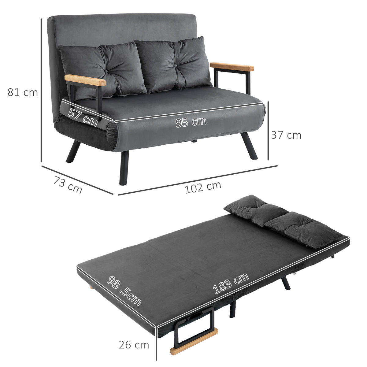 HOMCOM Schlafsofa 2er-Sofa Samtsofa, Schlaffunktion, inkl. 2 Kissen, Samtoptik, Natur + Dunkelgrau + – Produktabbildung 3