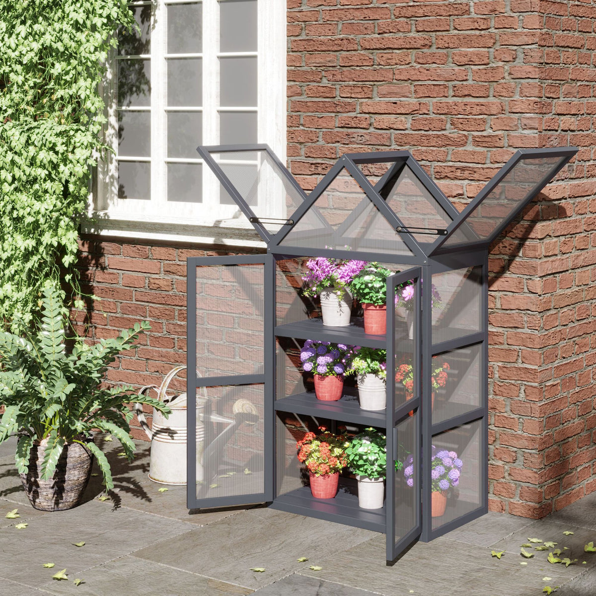 Outsunny Frühbeet Mini Gewächshaus 3 Ebenen Treibhaus Pflanzenbeet mit aufklappbarem Dach Doppeltüren – Produktabbildung 2