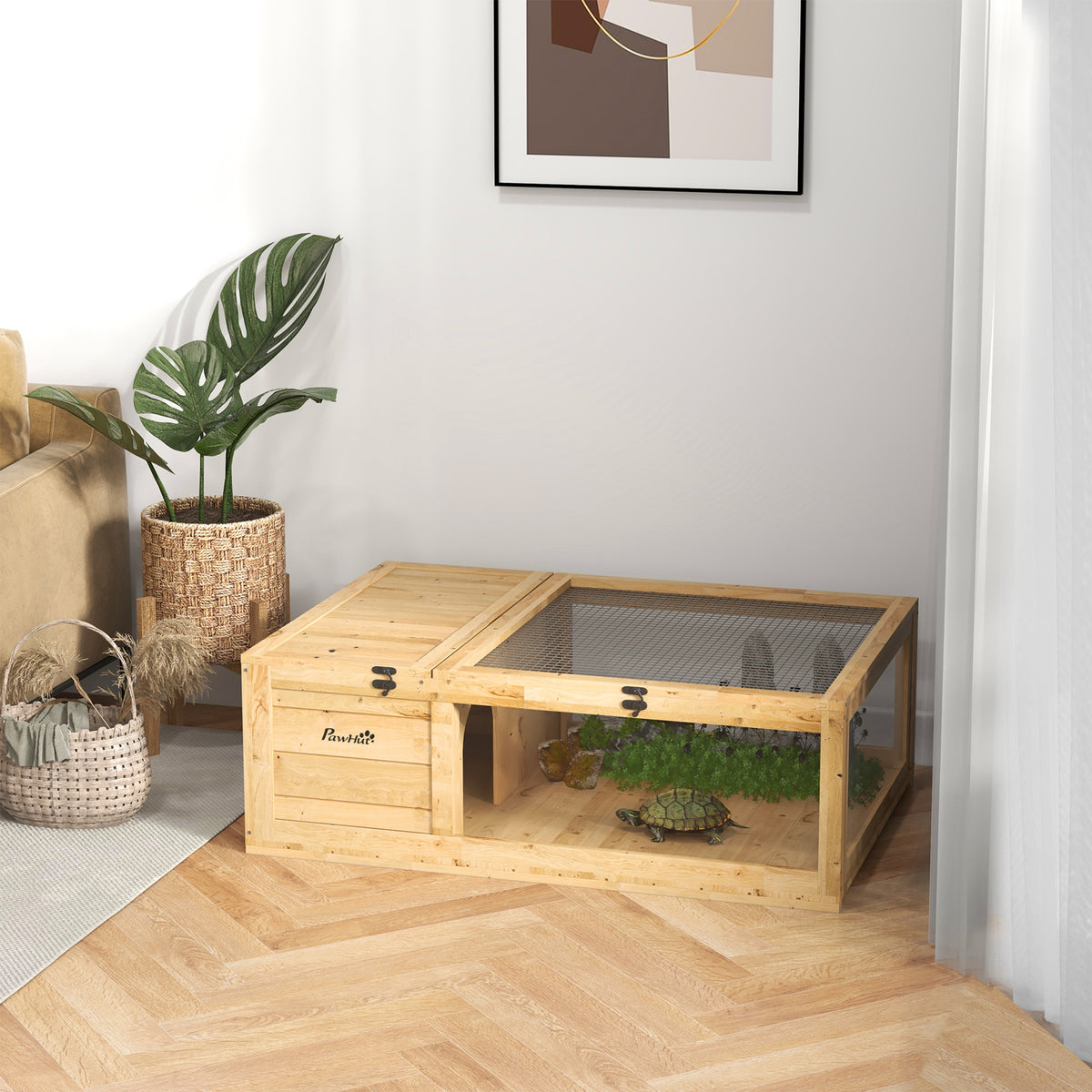 PawHut Schildkrötenhaus aus Holz, Schildkrötengehege mit Haupthäusern, aufklappbare Oberseite, 91 x 60,5 – Produktabbildung 2