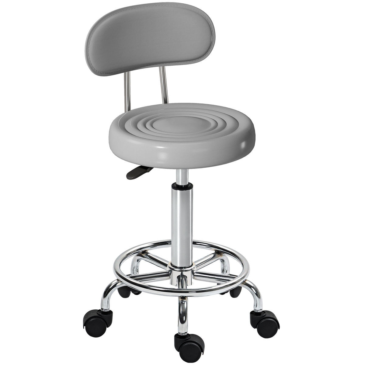 HOMCOM Rollhocker, Drehbarer und verstellbarer Hocker mit Rückenlehne, Kunstlederbezug, Fußstütze, für