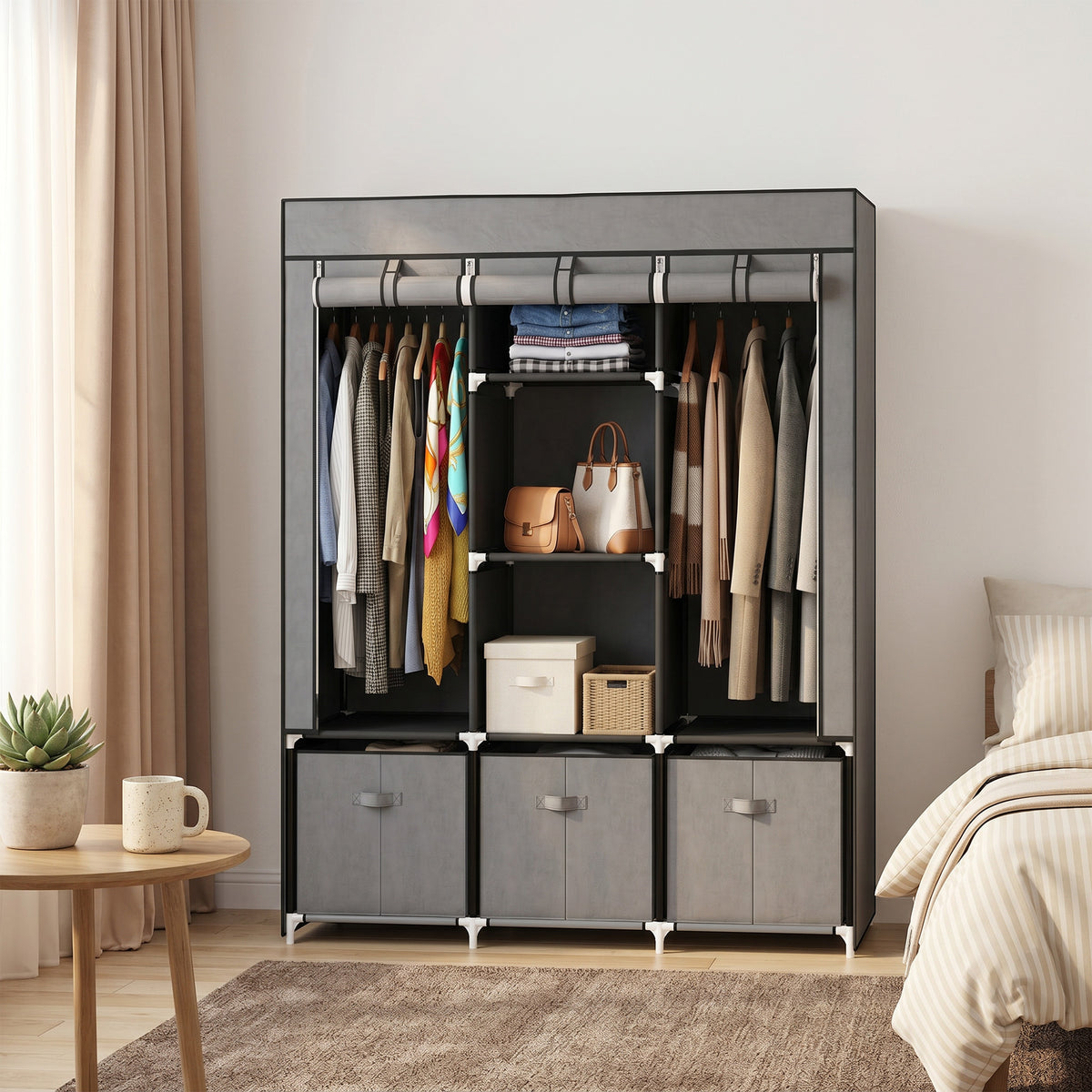 HOMCOM Stoffschrank aus Vlies, Faltschrank, inkl. 3 Schubladen, 125 cm x 43 cm x 162,5 cm, Grau – Produktabbildung 2