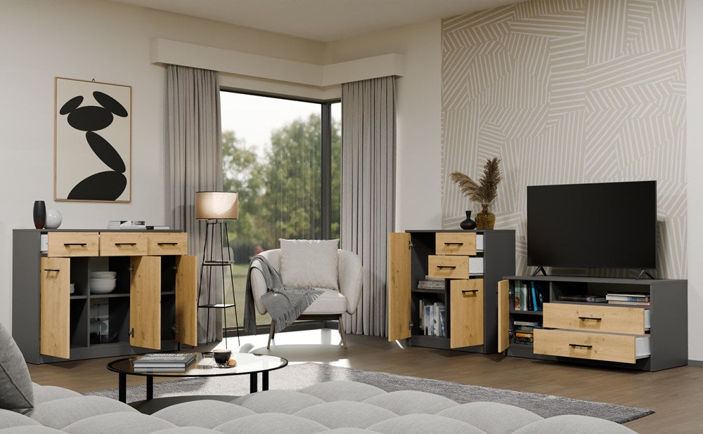 TV-Schrank SIMPLO 1D2S 2 Schubladen 1 Tür ANTHRAZIT EICHE ARTISAN – Produktabbildung 3