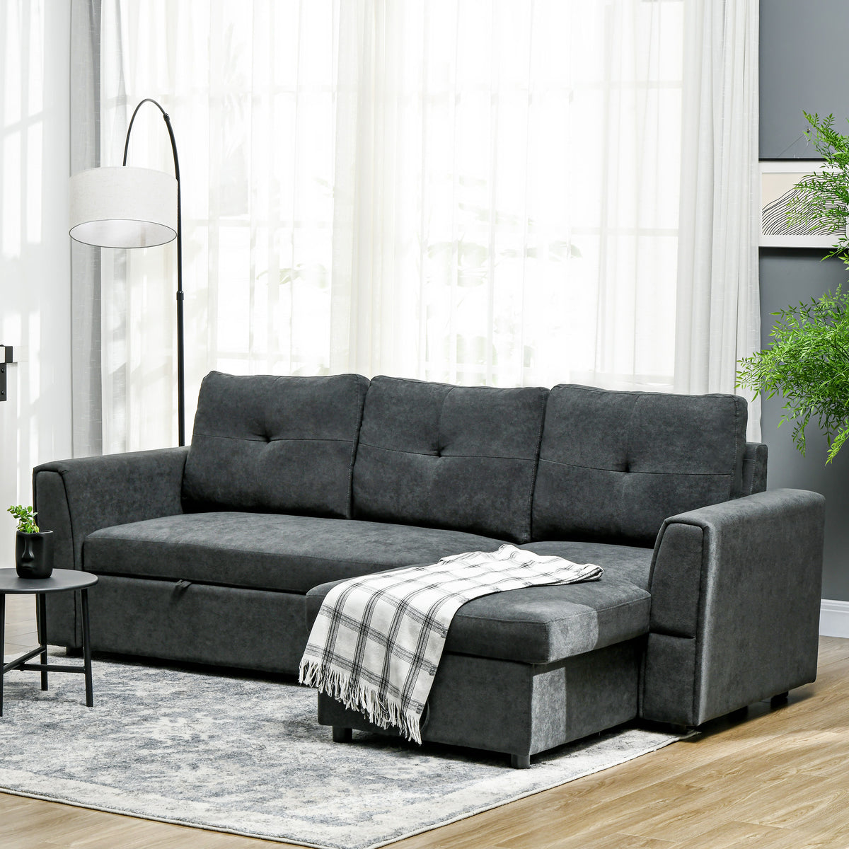 HOMCOM 3-Sitzer-Sofa mit Bettfunktion, Schlafsofa mit Chaiselongue, Polstersofa, Dunkelgrau – Produktabbildung 10