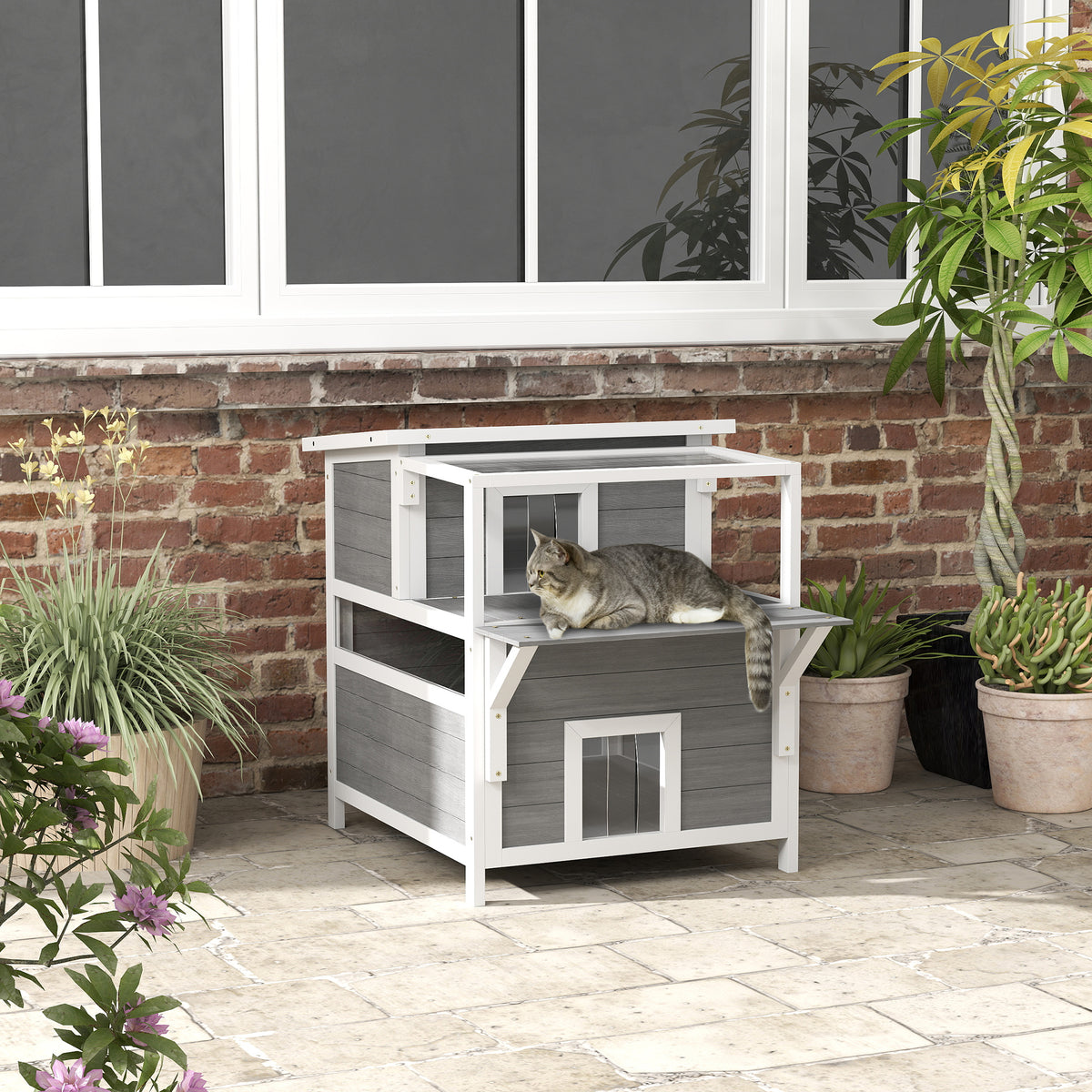 PawHut 2-stöckiges Katzenhaus mit Balkon, Wetterfeste Katzenhütte, Regen- und Sonnenschutz, für drinnen – Produktabbildung 2