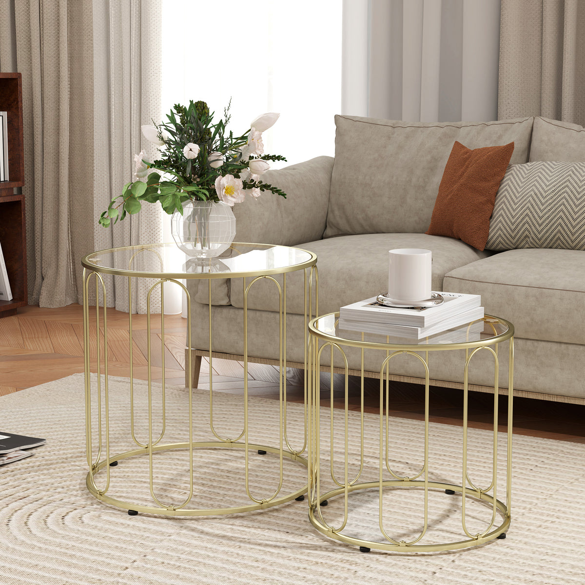 HOMCOM 2er-Set Glastische, ineinander verschiebbar, Glasplatten, Metallgestell, Goldfarben – Produktabbildung 2