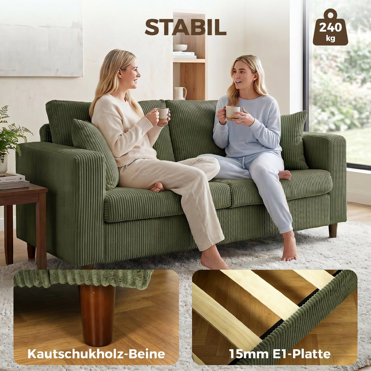 HOMCOM 2-Sitzer-Cordsofa mit breiter tiefer Sitzfläche und Federkernpolster, grün – Produktabbildung 7