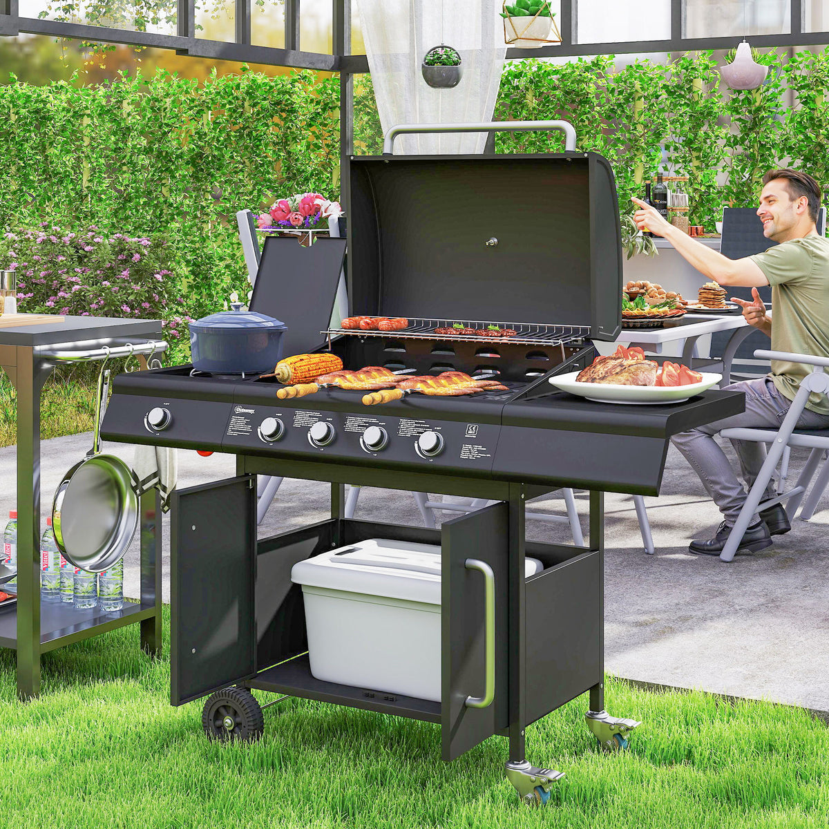 Outsunny Gasgrill 15,2 KW Grillwagen inkl 5 Edelstahl-Brenner Rolle Seitenkocher 129,5 x 56 x 110 cm – Produktabbildung 2