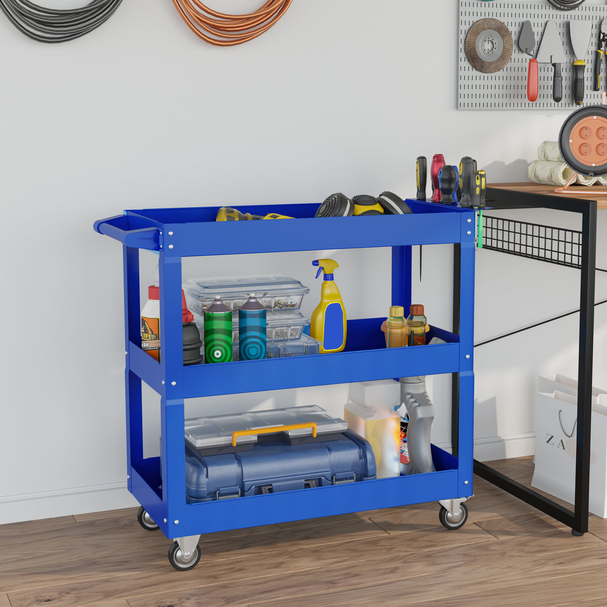 3-stufiger Werkzeugwagen, 4 Rollen, Stahl, 83B x 35,3T x 76H cm, Blau – Produktabbildung 2