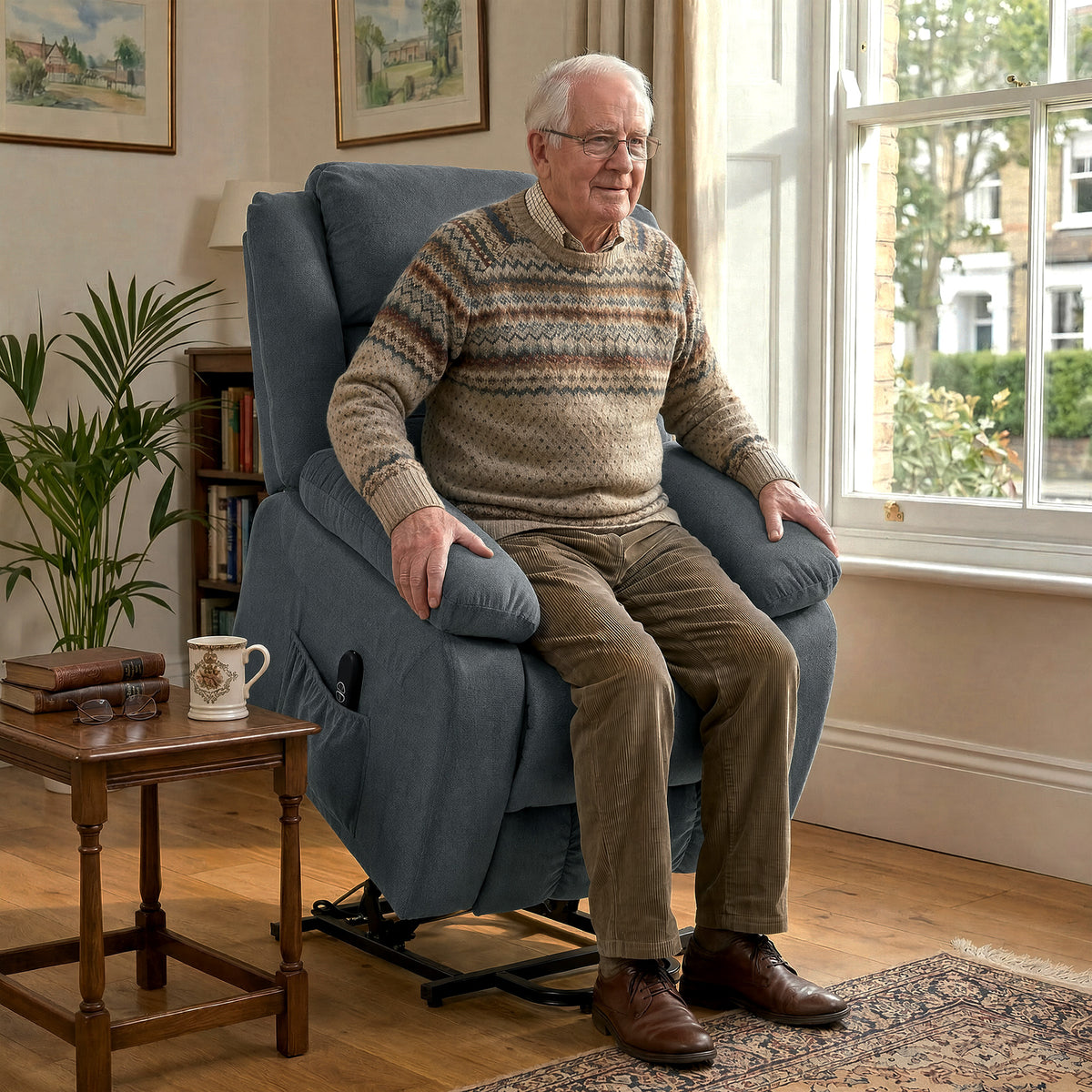 HOMCOM Aufstehsessel mit weichem Bezug, Recliner-Sessel mit Fernbedienung und Seitentaschen, Grau – Produktabbildung 2