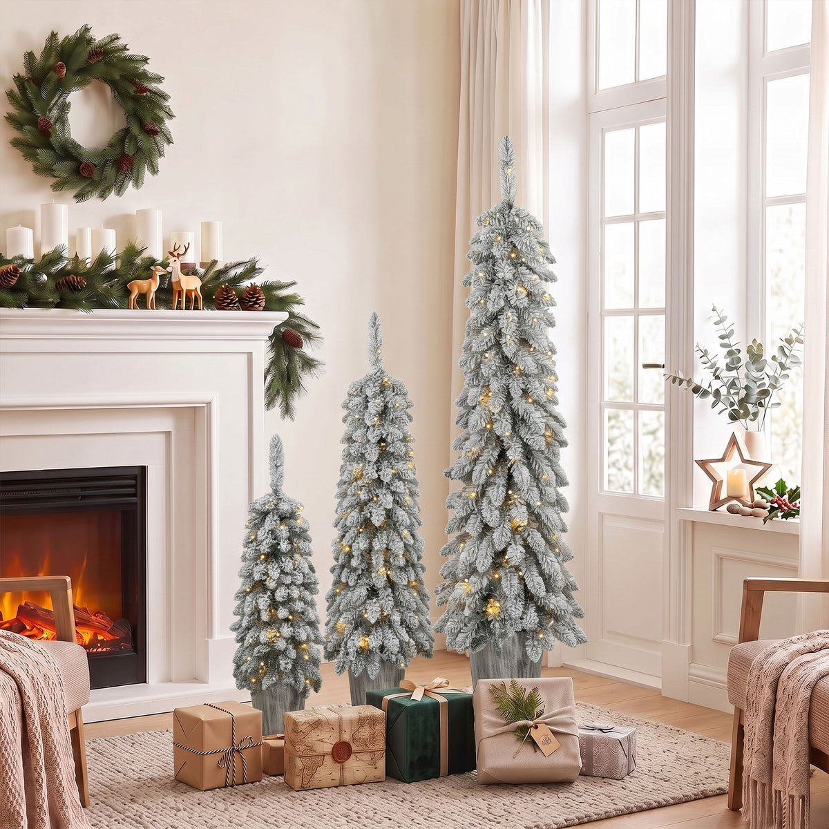 HOMCOM 3er-Set beschneite künstliche Weihnachtsbäume, vorbeleuchtet mit PVC-Zweigspitzen und warmweißen – Produktabbildung 2