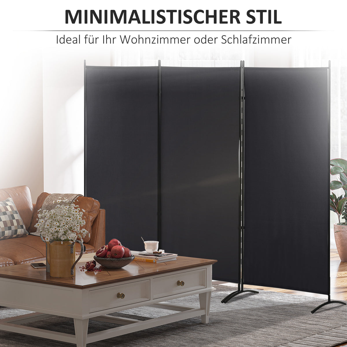 HOMCOM Raumteiler, 3-teiliger Sichtschutz, Raumtrenner mit Metallrahmen, Schwarz – Produktabbildung 7