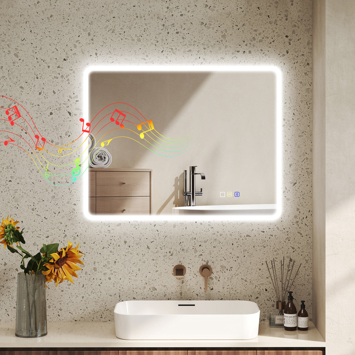 HOMCOM Badezimmerspiegel LED Bluetooth 70 x 90 cm Touchschalter Licht einstellbar 3 Farben Anti-Beschlag – Produktabbildung 2
