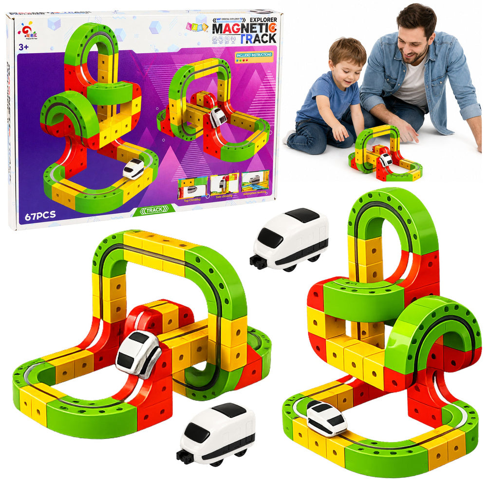LEAN Toys Magnetische Schienen mit elektrischer Eisenbahn 3D Kreatives Konstruktionsset 67 Teile
