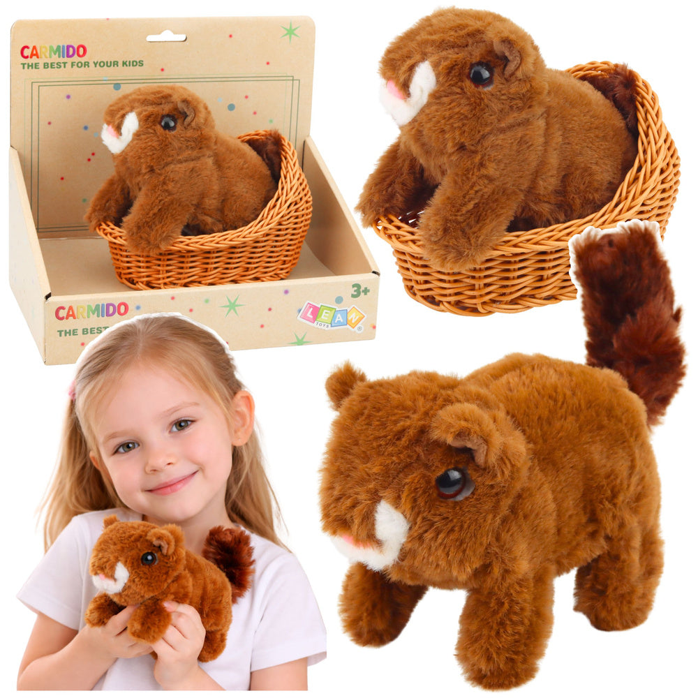 LEAN Toys Interaktives Plüsch-Eichhörnchen im Korb, läuft und macht Geräusche, braun