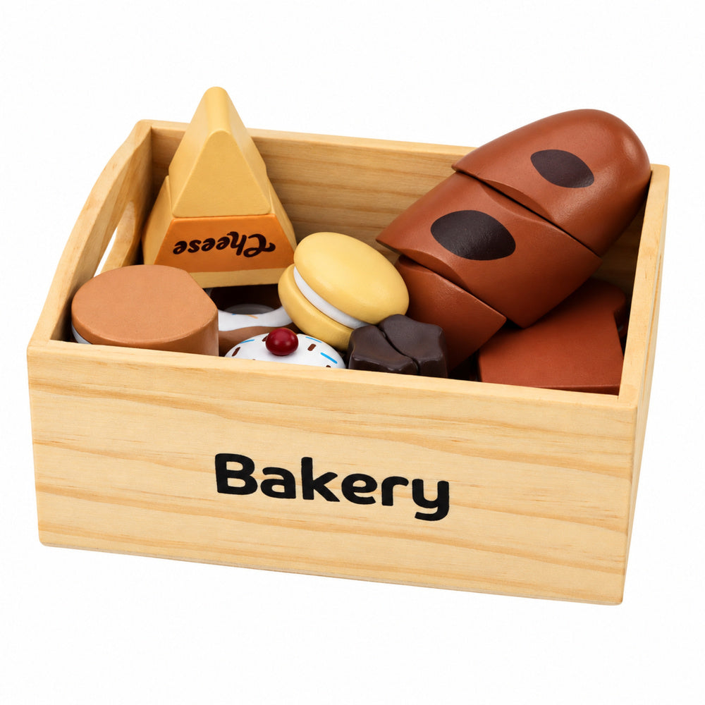 Mini-Bäckerei-Set aus Holz mit Brot und Magneten in einer Schachtel, 10-teilig.