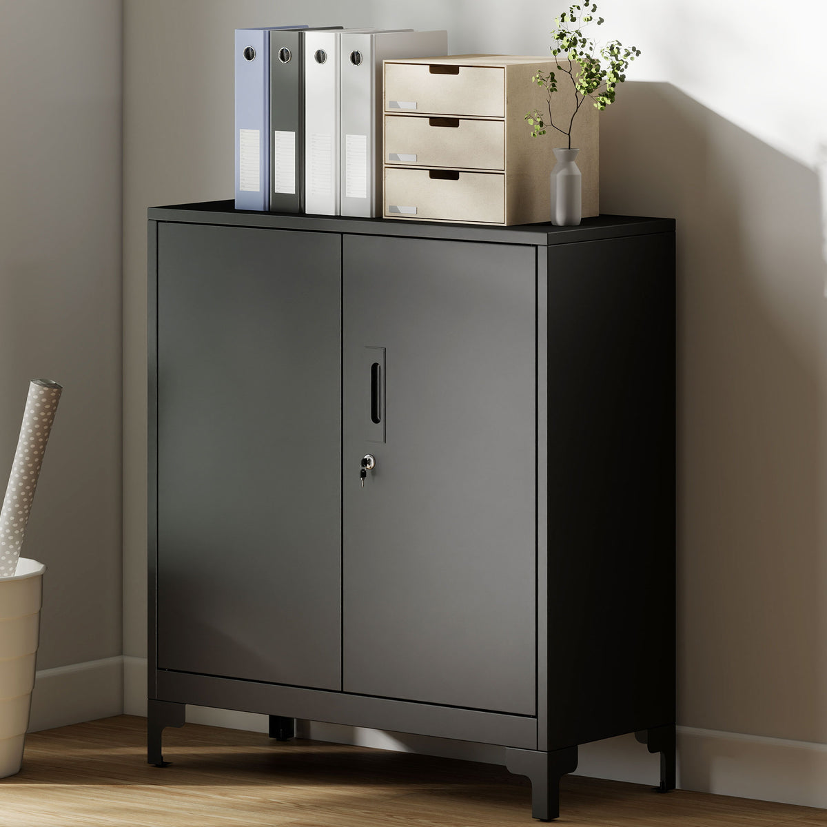 HOMCOM Büroschrank aus Metall, verschließbare Türen, Bürokommode, 2-stufiges Design, Schwarz – Produktabbildung 2
