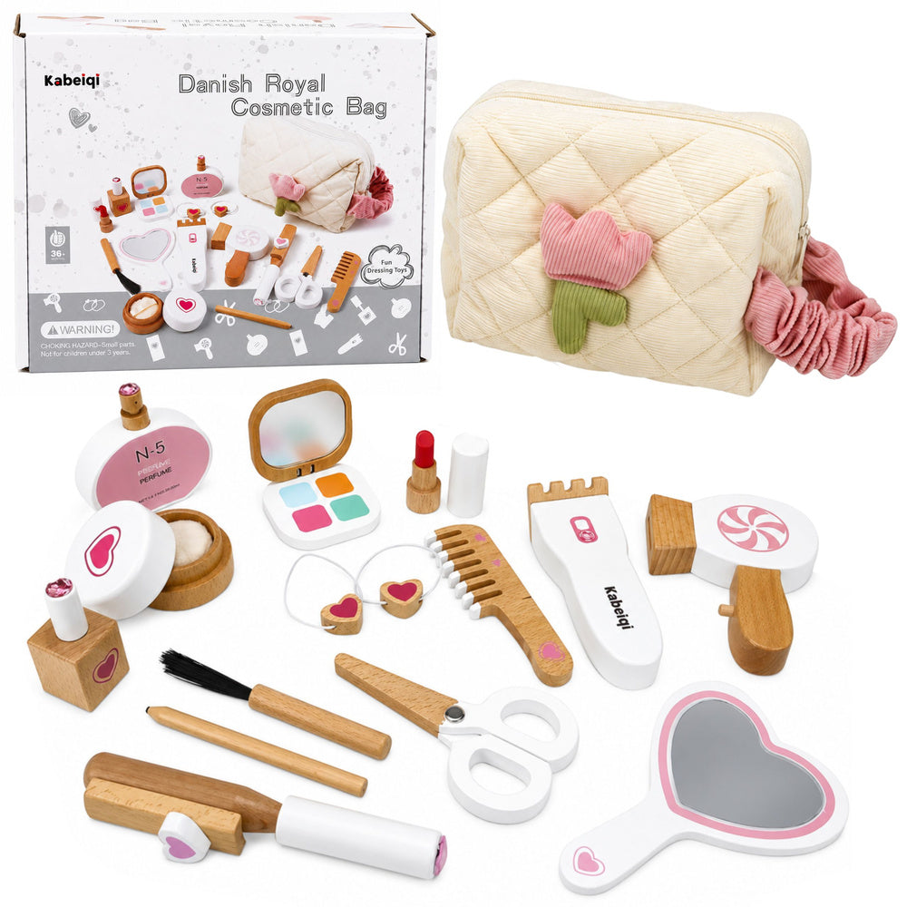 LEAN Toys Beauty-Set aus Holz, Make-up-Kosmetiktasche, Zubehör, 16-teilig
