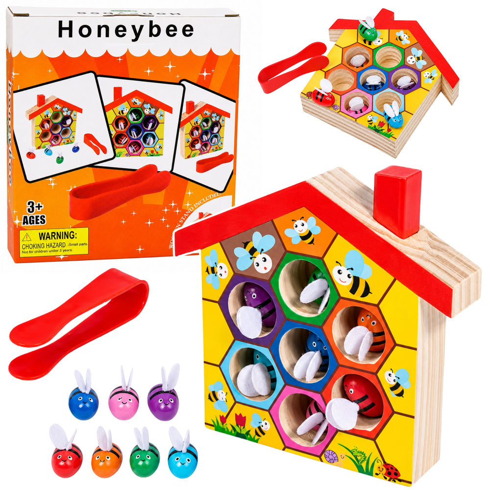 LEAN Toys Geschicklichkeitsspielzeug Pädagogische Bienenstock-Holzpinzette 7-teilig