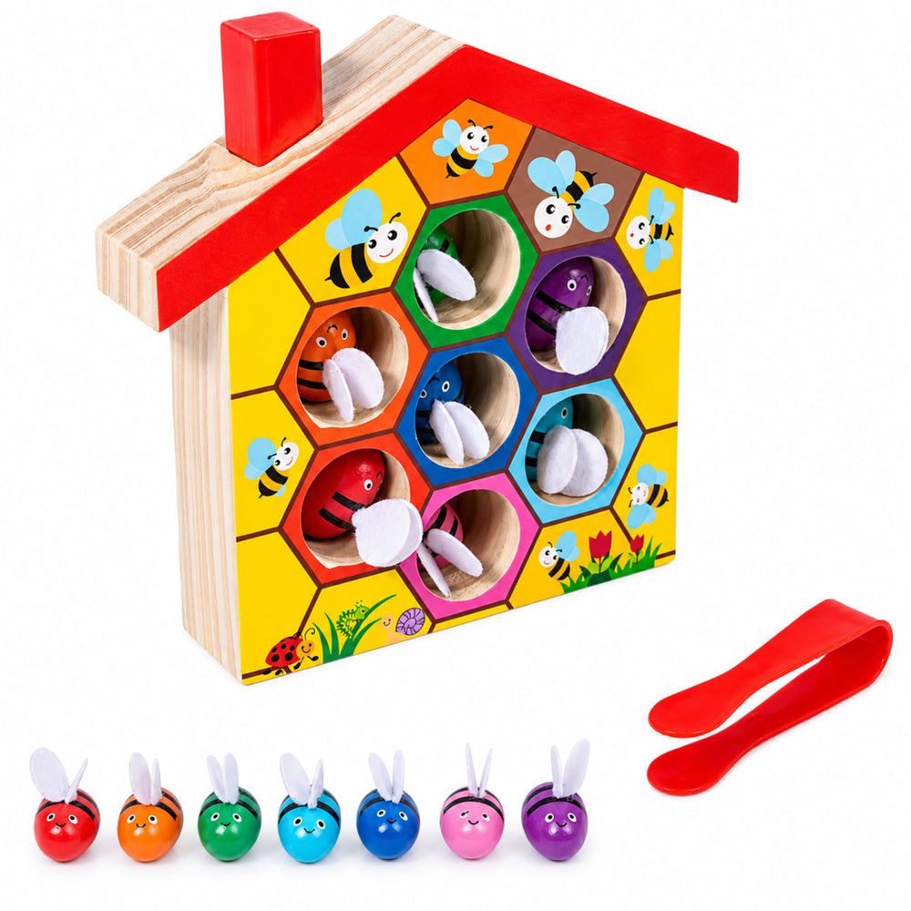 LEAN Toys Geschicklichkeitsspielzeug Pädagogische Bienenstock-Holzpinzette 7-teilig – Produktabbildung 2